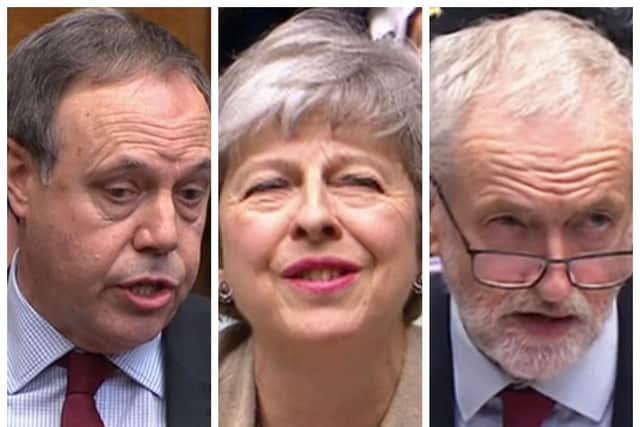 BREXIT - from left to right, leader of the D.U.P. in the House of Commons, Nigel Dodds M.P., Prime Minister, Theresa May and Labour party leader, Jeremy Corbyn. (Photos: P.A.)