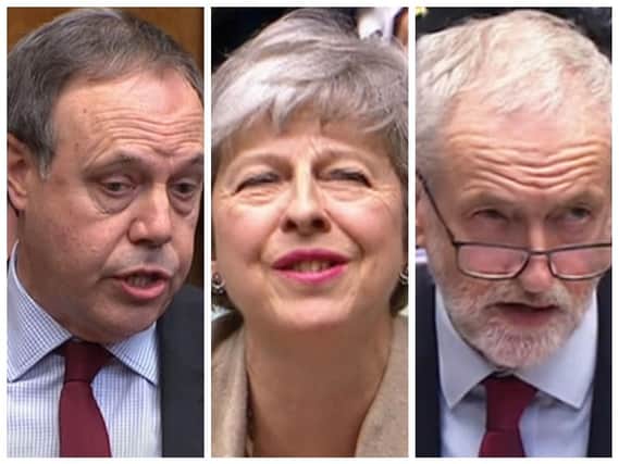 BREXIT - from left to right, leader of the D.U.P. in the House of Commons, Nigel Dodds M.P., Prime Minister, Theresa May and Labour party leader, Jeremy Corbyn. (Photos: P.A.)