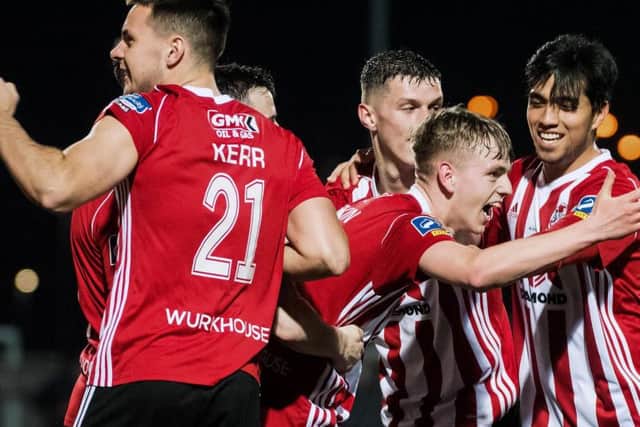 Ciaron Harkin celebrates scoring Derry City's second goal against Sligo Rovers.