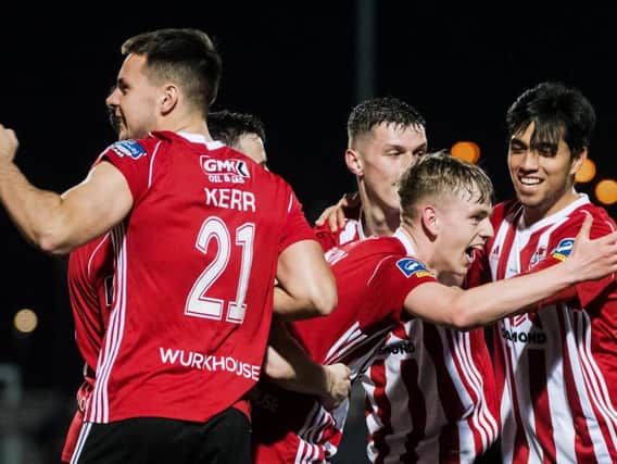 Ciaron Harkin celebrates scoring Derry City's second goal against Sligo Rovers.