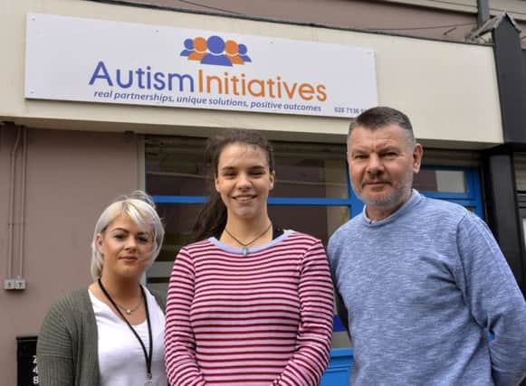 Lauren Watson, Co-worker, Autism Initiatives, Sarah Mullan, service user and Thomas Carlin, manager Autism Initiatives. DER1419GS-013