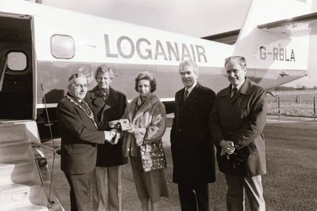 Local dignitaries  welcoming the first ever flight into the  local airport back in April 1979.