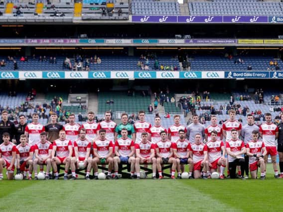 The Derry panel line out in Croke Park last Saturday.