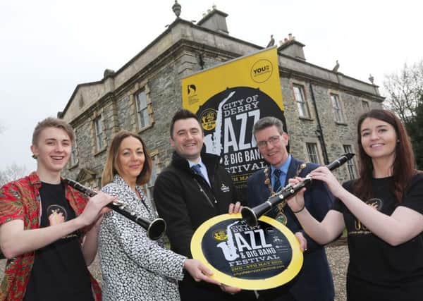 City of Derry Jazz and Big Band Festival 2019 launch.Mayor of Derry City and Strabane District, Councillor John Boyle, Event Co-Ordinator with Council, Andrea Campbell, Stephen Thompson from Diageo, Lewis Hamlon and Ciara McErlean from Magee University Jazz Big Band.