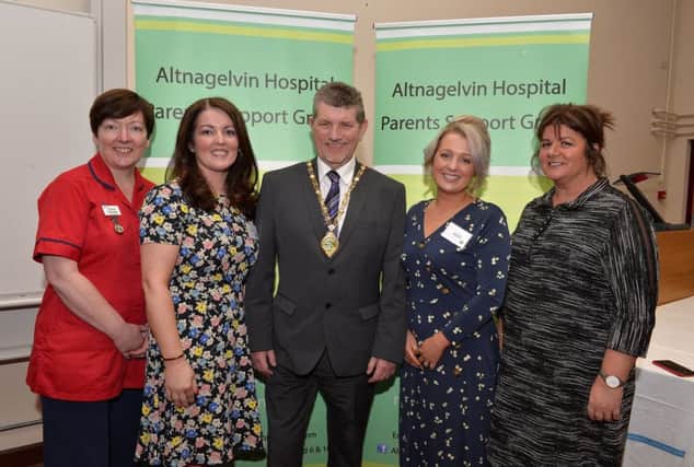 Councillor Derek Hussey, Deputy Mayor of Derry and Strabane, pictured  with Yvoone Devenney, Deidre Cassidy, Lisa Storey and Deidre Mahon at the recent handover of beds the from the Parents Support Group to Altnagelvin Hospital.  DER1419GS-046
