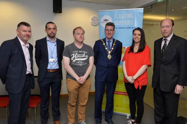 Speakers at the recent launch of Autism Initiatives  Active Autism Floating Support Service held recently in the Holywell Trust on Bishop Street. From left are Thomas Carlin, manager Autism Initiatives, Thomas McCarthy, clinical psychologist WHSCT, Richard McCrossan, service user, Councillor John Boyle, Mayor of Derry City and Strabane, Sarah Mullan, service user and Edward Montgomery, The Honourable The Irish Society. DER1419GS-031