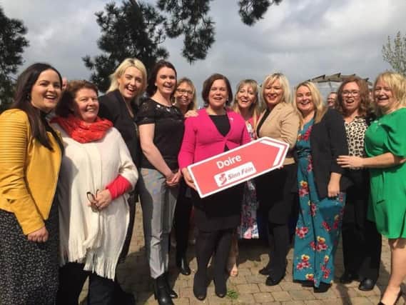 Sinn Féin Leader Mary Lou McDonald and Deputy leader Michelle ONeill , MEP Martina Anderson with the local Derry female candidates for the local council elections in Dublin on Sunday.