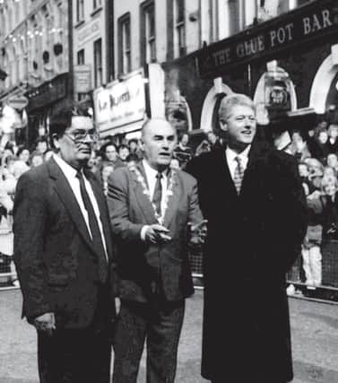 John Hume, and Bill Clinton on his first ever visit to Derry in 1995, pictured with then Mayor of the city, the late SDLP Councillor Joihn Kerr.