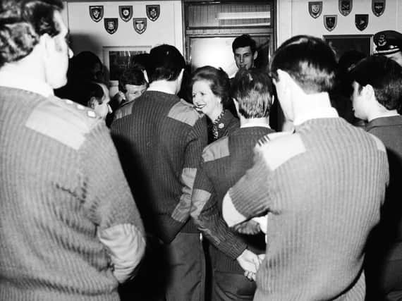 Margaret Thatcher meets members of the Coldstream Guards in the mid 1980s.