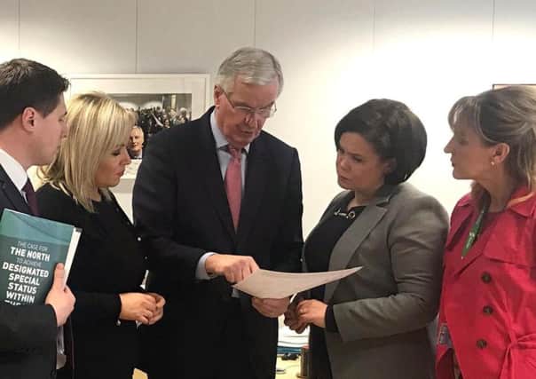 L-R Sinn Fein MEP Matt Carthy, Michelle ONeill, EU chief negotiator Michel Barnier, Mary Lou McDonald and MEP Martina Anderson, during a previous meeting in Brussels.