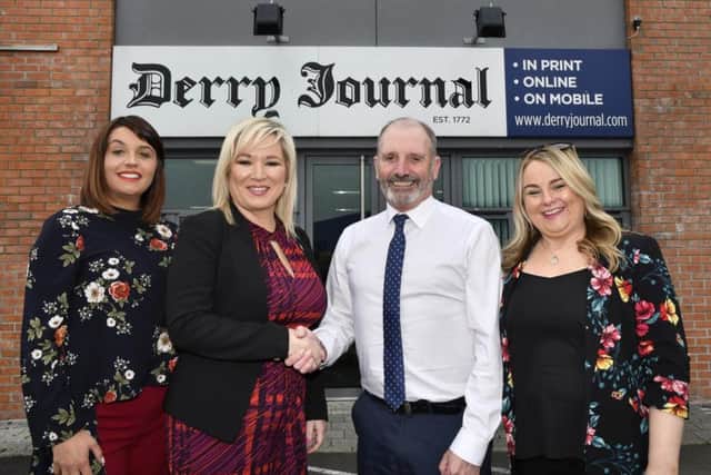 Michelle O'Neill, Sinn Fin meets 'Journal' editor Arthur Duffy, during a visit to the office on Thursday. On left is Foyle MP Elisha McCallion, and, on right, is party group leader on Derry City and Strabane District Council Sandra Duffy.