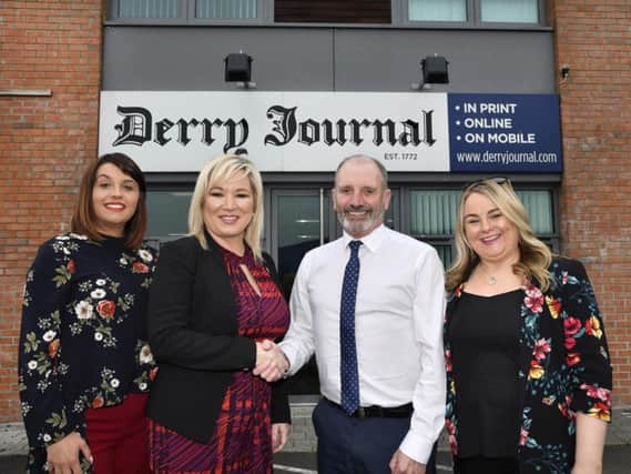 Michelle O'Neill, Sinn Fin meets 'Journal' editor Arthur Duffy, during a visit to the office on Thursday. On left is Foyle MP Elisha McCallion, and, on right, is party group leader on Derry City and Strabane District Council Sandra Duffy.