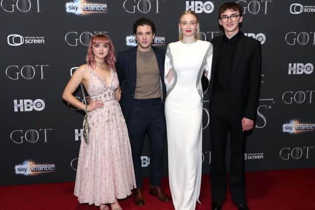 Wolf pack....Maisie Williams, Kit Harington, Sophie Turner, and Isaac Hempstead Wright attending the Game of Thrones Premiere, held at Waterfront Hall, Belfast. (Liam McBurney/PA Wire)