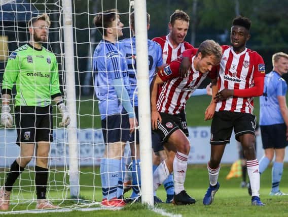 Greg Sloggett opts for a muted celebration after scoring his first Derry City goal against his former club, UCD.