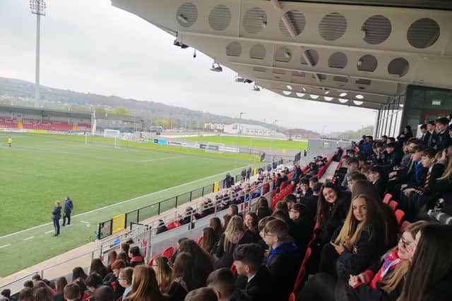 The large support from St Columb's College and Holy Cross, Strabane during the Northern Ireland U14 Cup Final at the Ryan McBride Brandywell Stadium.