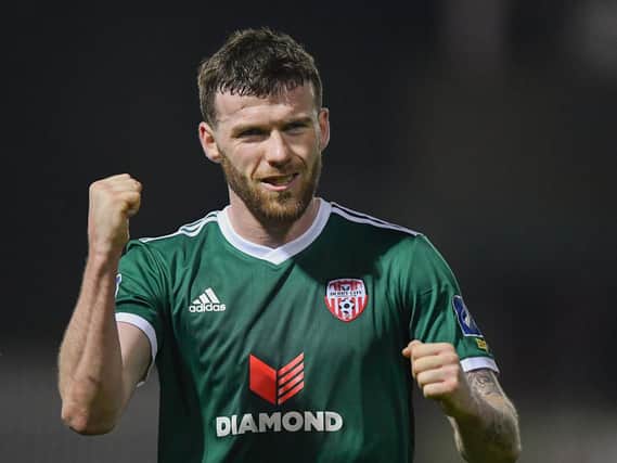 Derry City defender, Patrick McClean celebrates the Candy Stripes' big win in Dublin.