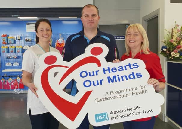 Launching Our Hearts Our Minds programme at Templemore Sports Complex, Derry from left to right: Margaret Taggart, Western Trust Cardiovascular Nurse Specialist; Annette Henderson, Western Trust Specialist Physiotherapist and John Paul Glenn, Manager Templemore Sports Complex.