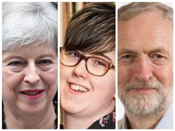 From left to right, Prime Minister, Theresa May, murdered journalist, Lyra McKee and Labour Party leader, Jeremy Corbyn.