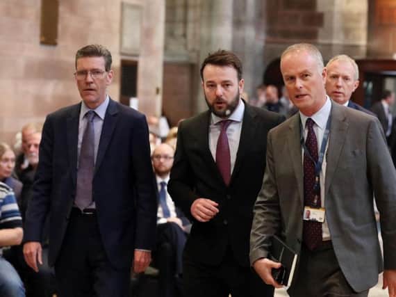 The Mayor of Derry and Strabane, John Boyle, and SDLP leader Colum Eastwood, at the funeral and service of thanksgiving for the life of journalist Lyra McKee at St Anne's Cathedral, Donegall Street, Belfast. Lyra McKee was murdered in Creggan in Derry on Thursday, April 18.  Photo by Kelvin Boyes / Press Eye.