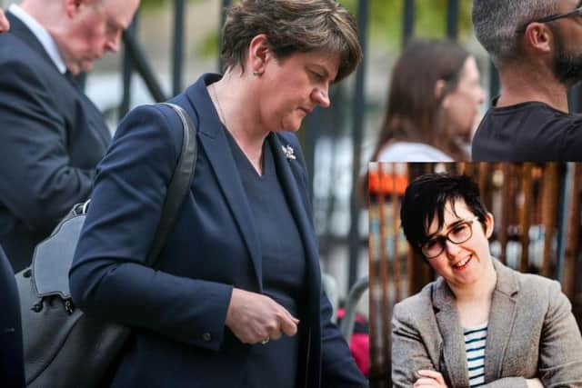 DUP leader, Arlene Foster, pictured at the funeral of Lyra McKee in Belfast on Wednesday. Inset: the late Lyra McKee. (Photos: Presseye and Pacemaker)