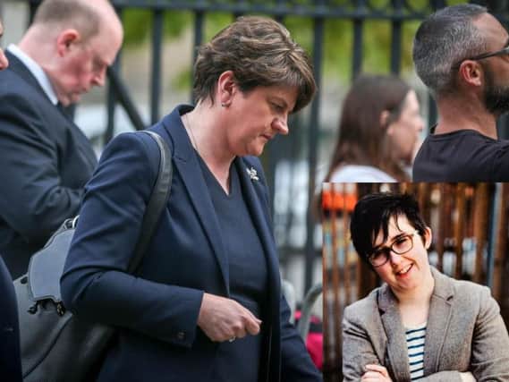 DUP leader, Arlene Foster, pictured at the funeral of Lyra McKee in Belfast on Wednesday. Inset: the late Lyra McKee. (Photos: Presseye and Pacemaker)