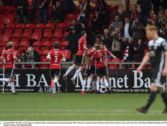 Derry City celebrate after Eoin Toal puts the Candy Stripes ahead in the first half.