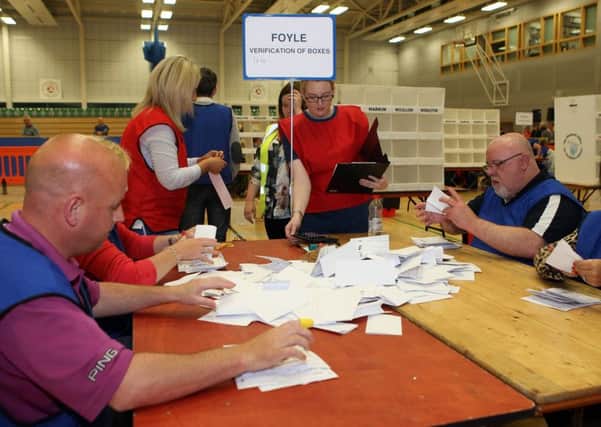 First ballot papers at a previous election count at Foyle Arena in Derry (Photo by Freddie Parkinson / Press Eye.)