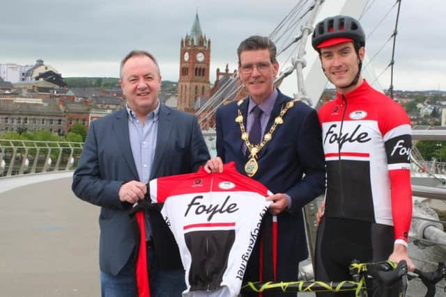 Race Director, Chris McElhinney (Foyle Cycling Club), Mayor John Boyle, and Route Designer, Ronan Mc Laughlin (Foyle Cycling Club) launch the 2019 Irish National Cycling Championships to be held in the city in June.