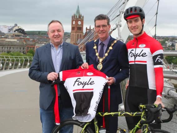 Race Director, Chris McElhinney (Foyle Cycling Club), Mayor John Boyle, and Route Designer, Ronan Mc Laughlin (Foyle Cycling Club) launch the 2019 Irish National Cycling Championships to be held in the city in June.