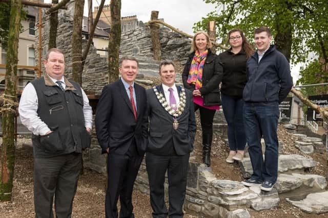 From left, Dr Brian Solan, Dr Rodney McDermott, Dr Robert Eadie, Sandra Orr, and final year engineering students at Ulster University Emma Donaghy and Kevin Conway.