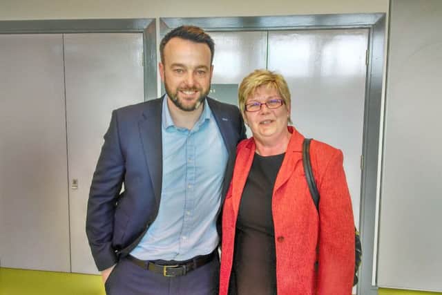 Elected: SDLP Councillor Angela Dobbins with party leader Colum Eastwood.