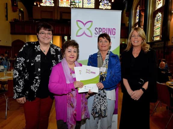 Kate Beggs, NI Director of the National Lottery Community Fund, Veronica Mohamat and Kate OReilly, service users , and Fiona McCandless, DAERA Deputy Secretary, pictured at the recent official launch of the Brandywell and Bogside Health Forums  SPRING Social Prescribing Project held in the Guildhall. DER1919GS-008