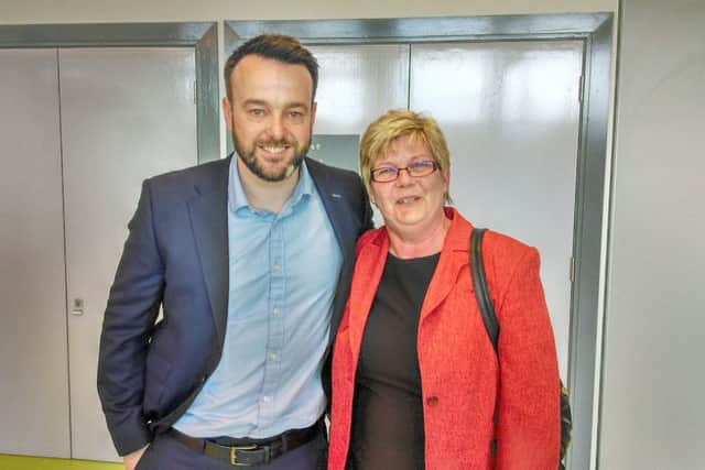 Elected: SDLP Councillor Angela Dobbins with party leader Colum Eastwood.