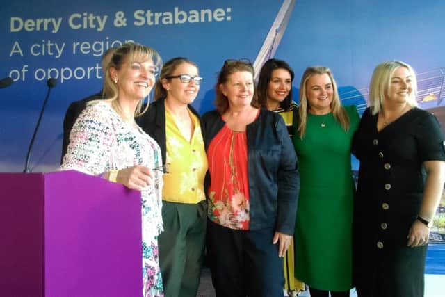 Newly elected Sinn Fein representatives for The Moor Patricia Logue and Tina Burke with party colleagues and supporters.