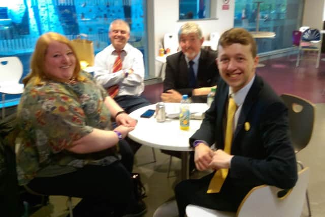 Alliance leader Naomi Long at the count centre in Derry with some of her party's local representatives.