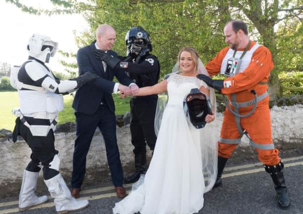 Save the Princess -Pictured are Emma and Peter Courtney who had a visit from the Star Wars Crew for their Star Wars themed wedding in McGrory's Hotel, Culdaff at Fáilte Irelands May the 4th Be With You festival in Inishowen. Photo Clive Wasson