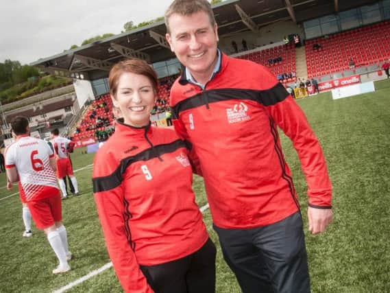 Republic of Ireland under-21 manager Stephen Kenny pictured with Orla Ward, ONeills (sponsors), at the Brandywell on Sunday when he managed Derry City FC in the Ryan McBride Soccer Sixes.