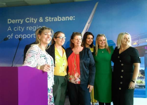 Sinn Fein Councillors for The Moor Tina Burke and Patricia Logue after being elected with Martina Anderson MEP, Elisha McCallion MP, Colr. Sandra Duffy and Karen Mullan MLA.