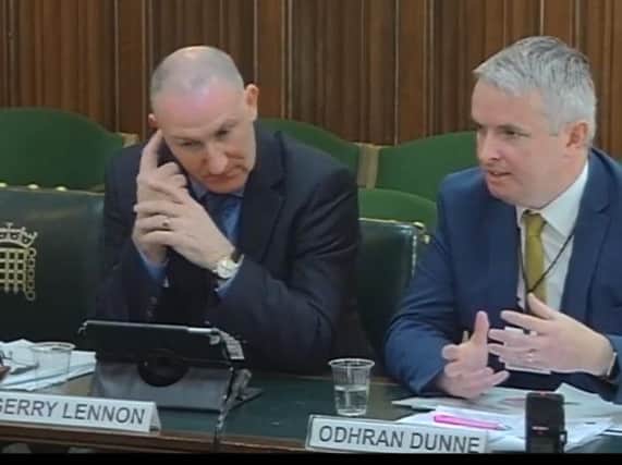 Visit Derry manager, Odhran Dunne, with Visit Belfasts Gerry Lennon at the N. Ireland Affairs Committee.