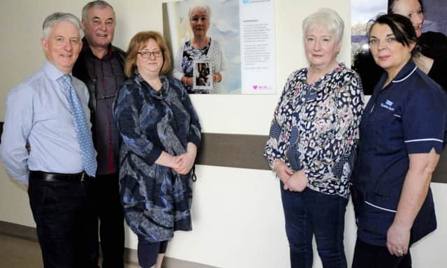 Brookes Family from Eglington - Dr Declan Grace, Western Trust Organ Donor Lead; Gerry Cosgrove; Rachel Tadier; Kay Brookes (mum) and Mairead Coyle, Specialist Nurse for Organ Donation at Altnagelvin Hospital pictured at the unveiling of David Brooke's Organ Donation Storyboard at Altnagelvin Hospital.