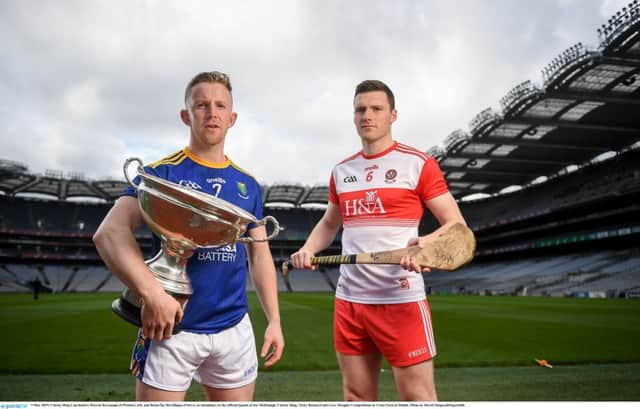 Wicklow's Warren Kavanagh (left) and Derry's Brian Og McGilligan at the official launch the Christy Ring Cup at Croke Park on Thirsday. (Photo by David Fitzgerald/Sportsfile)