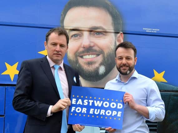 Fianna Fil T.D., Charlie McConalogue, with SDLP leader Colum Eastwood, at the launch of the 'Eastwood for Europe' campaign on the Derry/Donegal border.