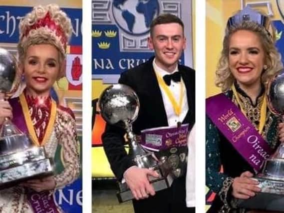 From left, Caitlin Murray, Conor Rodgers and Olivia Murray, newly-crowned world champion Irish dancers.
