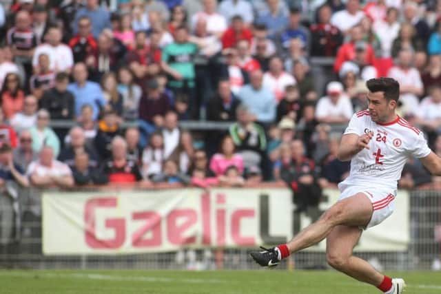 Tyrone substitute Darren McCurry scores his crucial second half goal against Derry in Healy Park on Sunday.