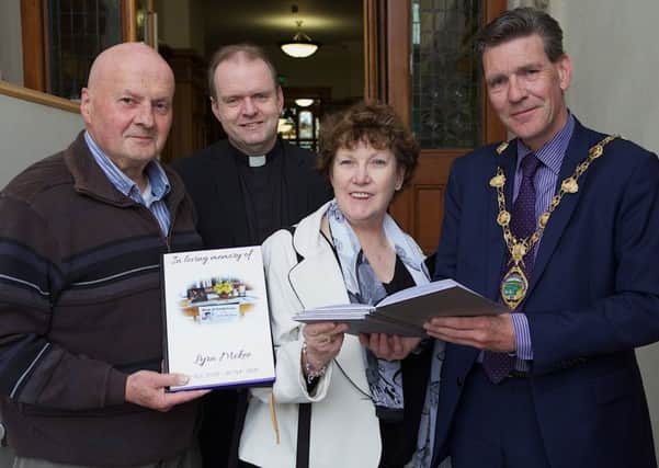 Susan and Arthur McHugh, handing over seven books of condolences, in memory of Lyra McKee, to Mayor of Derry City and Strabane District Council, Councillor John Boyle. The books are from all Christian Churches in Clontarf,  Dublin. Included is Fr. Joseph Gormley, PP, St. Mary's Church, Creggan.  (Photo - Tom Heaney, nwpresspics).
