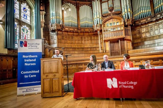 Andrew Doherty, RCN board member, addressing the crowd in the Guildhall.