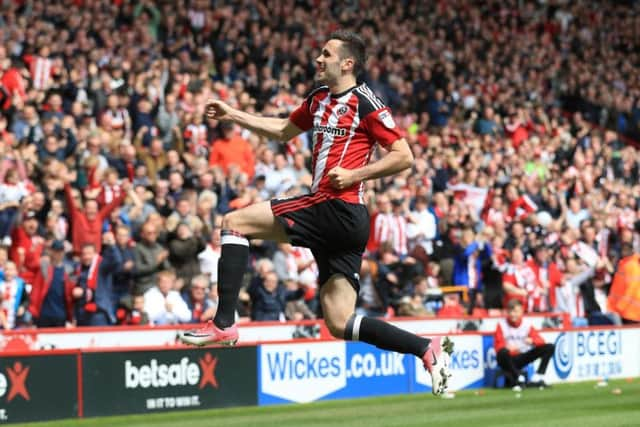 Sheffield United's Danny Lafferty celebrates scoring at Bramall Lane