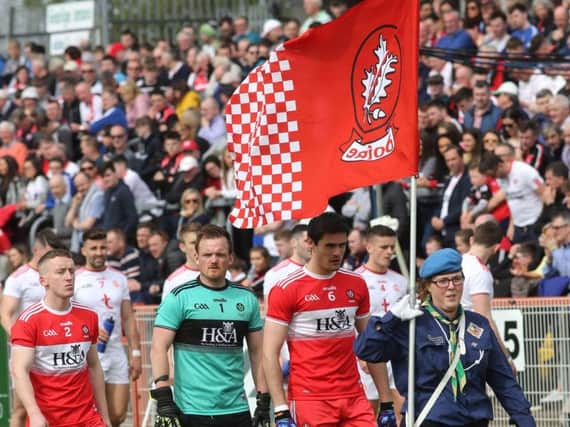 Derry players before Sunday's Ulster Championship game in Healy Park.