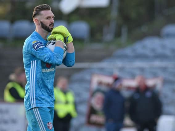 Derry City keeper, Peter Cherrie produced crucial saves at the Showgrounds.