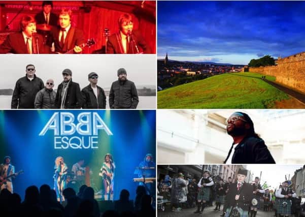 Some of the WallsFest line-up bound for Derry's city centre this weekend: Clockwise from top left: Beatles for Sale, Jazzie B from Soul II Soul, Colm Cille Pipe Band, Abbaesque and The Wailin' Banshees.